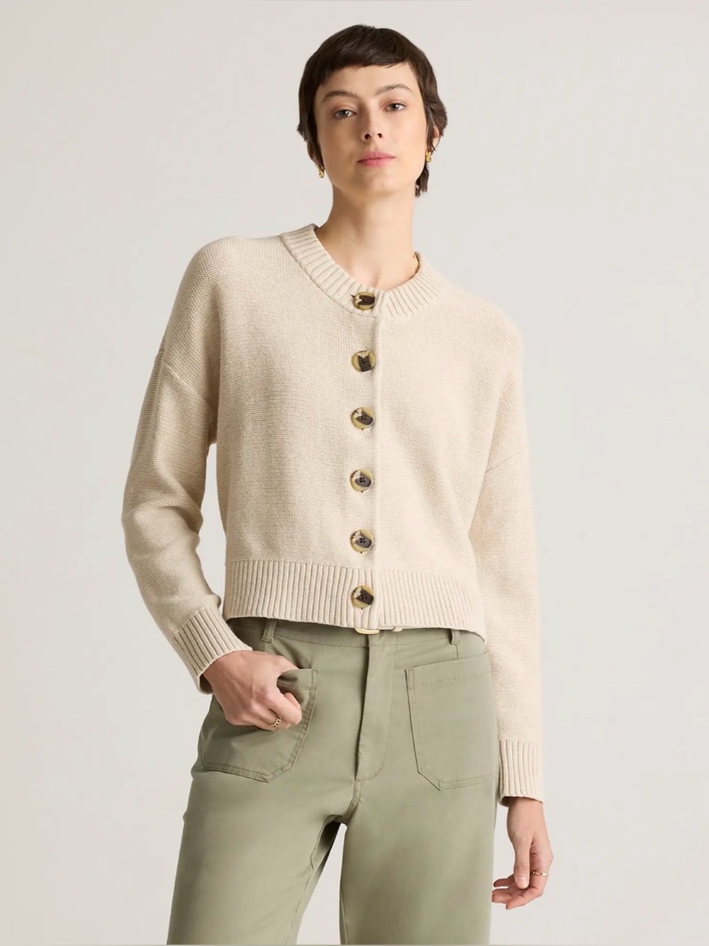 Quince Organic Cotton Cropped Cardigan Beige Sz S NWT